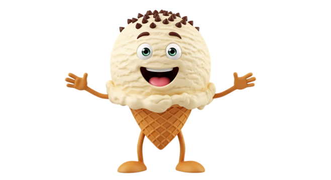 Happy ice cream cone character with arms open, isolated on transparent background