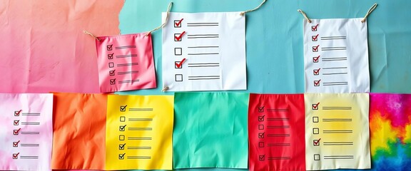 Colorful checklists on various backgrounds, different sizes and styles,  texture,  bright