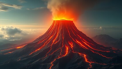 Fototapeta premium A massive volcanic plug glowing with contained energy, restrained by geometric force fields.