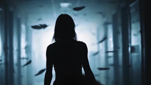 Silhouette of a person walking in a hazy corridor