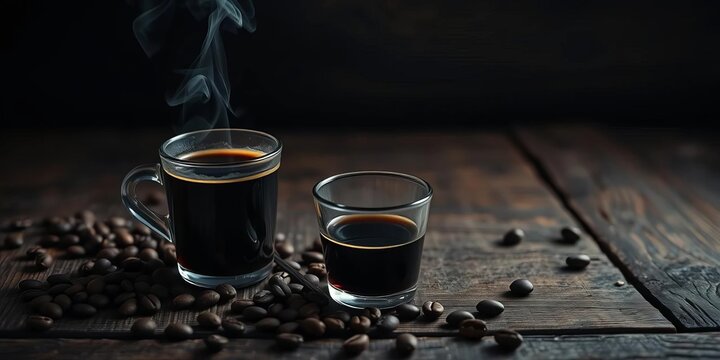 Dark, moody espresso shot on rustic wood, steam rising, coffee beans scattered nearby,  caffeine,  moody