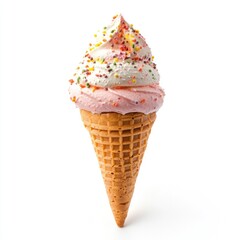 Ice cream cone with two scoops, pink and white, topped with colorful sprinkles