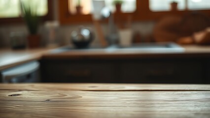 Fototapeta premium Close-up of a wooden table surface highlighting natural grain texture under soft kitchen light.