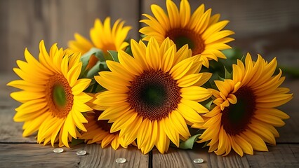 Fototapeta premium A rustic wooden surface holds a sunflower bouquet glowing with warm golden backlight.