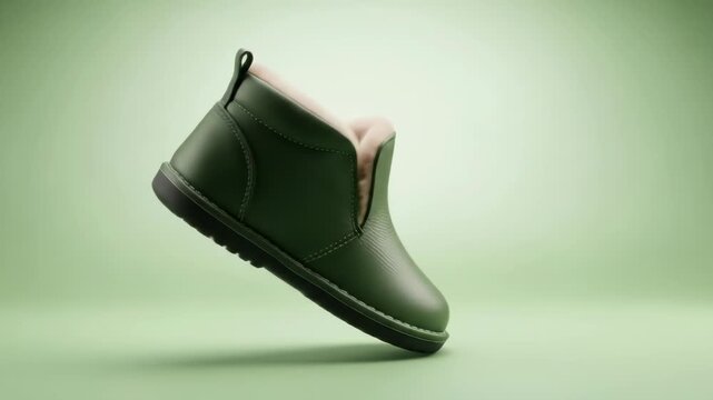 A studio shot of a single green ankle boot with a textured rubber sole. The inner lining of the boot is a light color, and a pull tab is visible