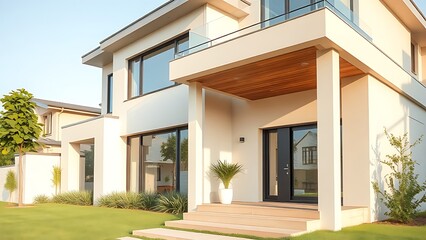 Modern residential architecture with clean lines, bathed in neutral tones under daylight.