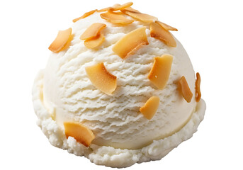 A single scoop of vanilla ice cream with slivered almonds, isolated on a transparent background