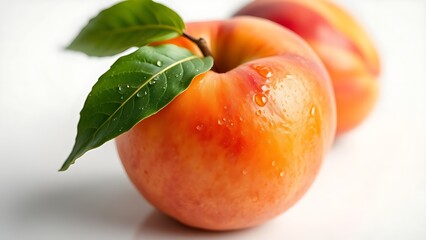 Juicy peach with fresh green leaf on white background, water droplets adding freshness.