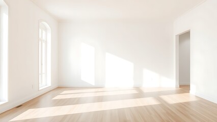 Minimalist living room with white walls and wooden flooring in natural diffused light.