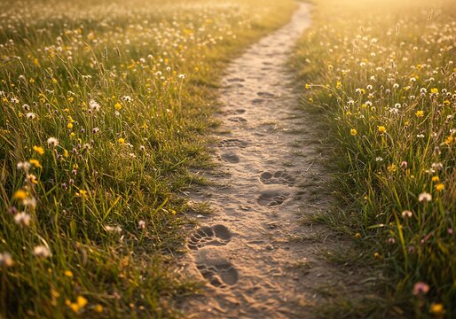 A dirt path with barefoot footprints winds through a sunlit meadow of yellow and white wildflowers.