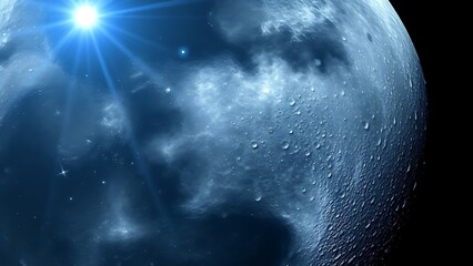 Lunar surface with crystalline craters refracting blue starlight in close-up.