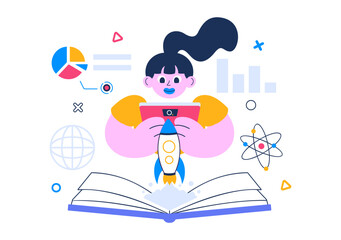 Augmented Reality Vector Illustration featuring Virtual Reality Technology, Gaming, and Education with a Headset and Interactive VR Touch Interface