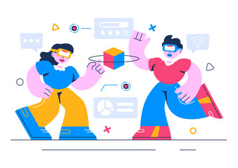 Augmented Reality Vector Illustration featuring Virtual Reality Technology, Gaming, and Education with a Headset and Interactive VR Touch Interface