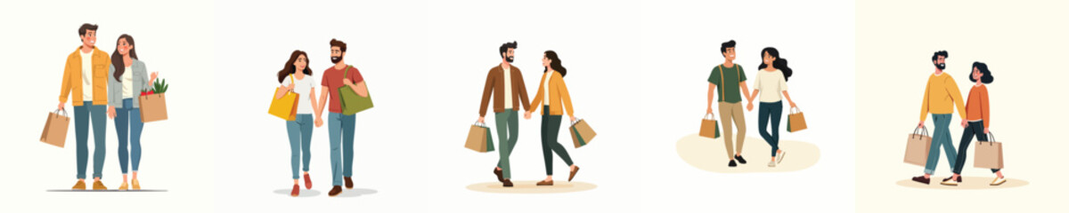 Young People Shopping with Bags Flat Vector Illustration