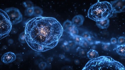 Abstract blue cells in dark space