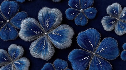 Intricate blue and white floral embroidery on dark blue fabric with petal designs and small bead details.