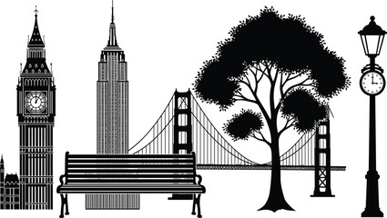 Silhouettes of global landmarks and urban elements including Big Ben, Empire State, bridge, tree, bench, and streetlamp with clock
