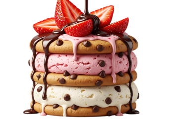Stack of chocolate chip cookie ice cream sandwiches with strawberry and chocolate drizzle, isolated on transparent background