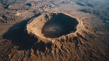 Aerial view of a large, circular crater in a desert landscape