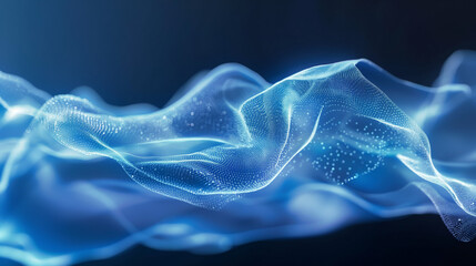 Abstract glowing blue waves with floating particles. Digital art representation of fluid motion and energy. Ideal for futuristic or abstract design concepts.
