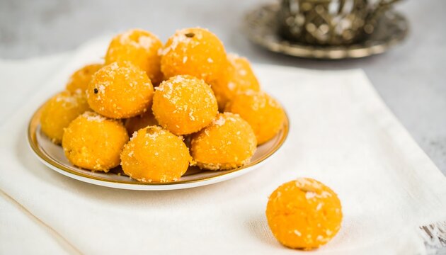 Stacked round orange sweets on a plate - Powered by Adobe