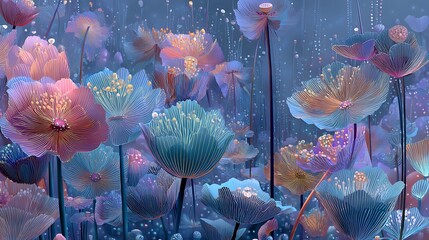 a tranquil metaphysical garden under twilight, blooming mental states as colorful surreal plants, visual poetry, artistic symbolism, dreamlike rendering, emotional concept art 