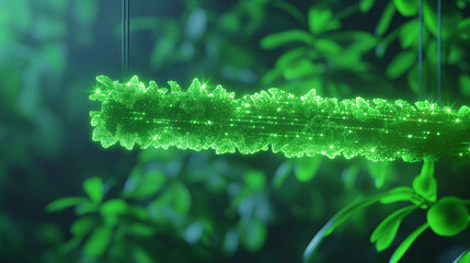 Naklejka premium Glowing green object surrounded by lush foliage. A digital representation of nature’s vibrant energy. Ideal for futuristic or eco-related designs.