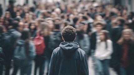 Male high school student standing alone among a crowd of other students, concept of the feeling of isolation and loneliness due to mental illness