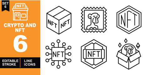 CryptoandNFT line icon set. Vector pictograms of cube, stamp, nftlogo, connection, nftlogo, box. Editable stroke. Vector illustration