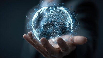 Hand holding a holographic globe with digital network