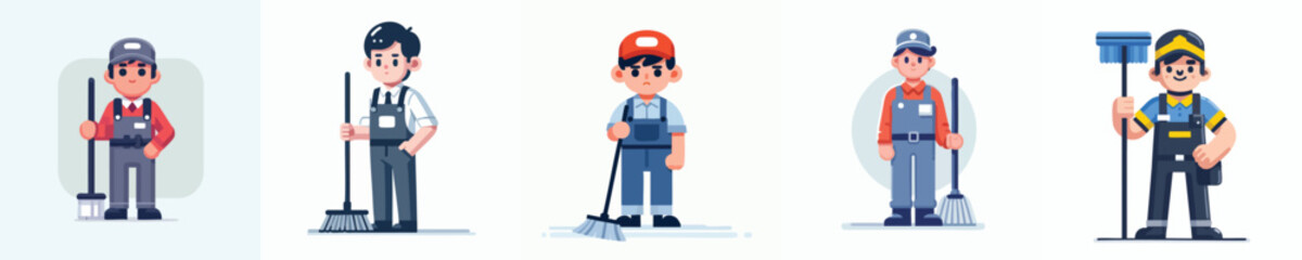 Janitor Man and Cleaning Service Worker in Uniform with Mop Vector Illustration
