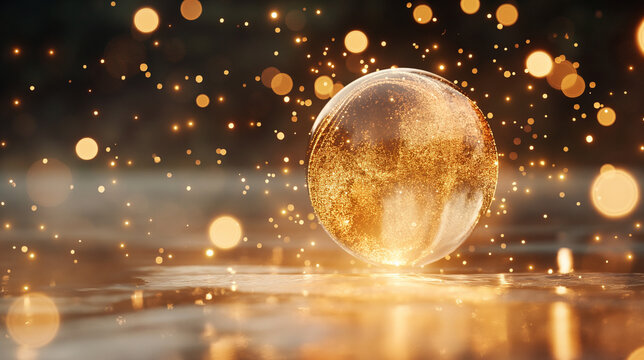 Glowing golden glass sphere on reflective surface surrounded by warm sparkling bokeh lights, symbolizing magic, inspiration, creativity, and luxury in a dreamy artistic atmosphere. - Powered by Adobe
