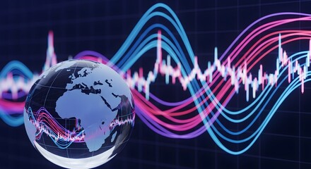 Global market trends visualized with dynamic, colorful waveforms flowing around a transparent Earth globe.