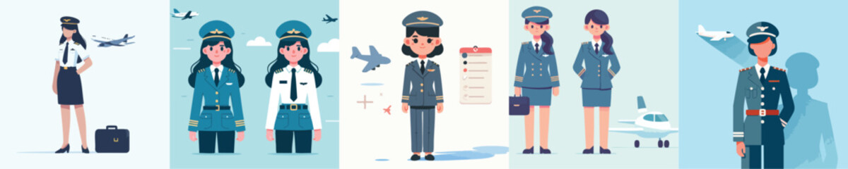 Female Airline Pilot and Aviation Crew in Uniform Vector Illustration