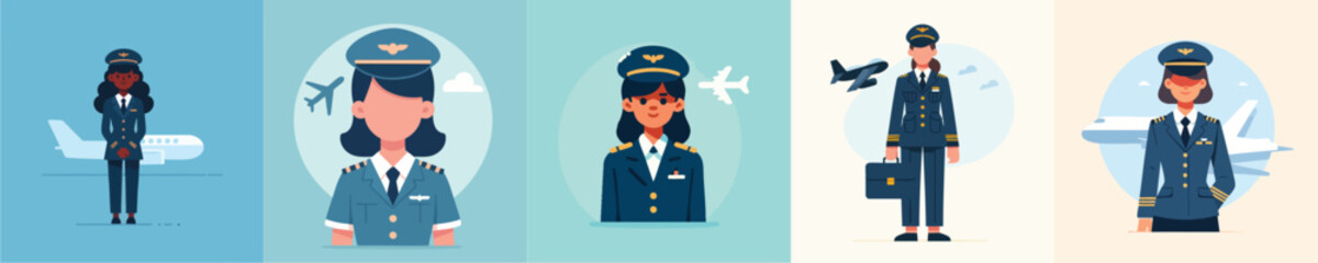 Female Airline Pilot in Professional Uniform with Airplane Vector Illustration