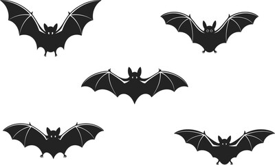 Flying bat silhouette collection, cartoon Halloween bats vector, spooky black bat clipart set, horror night creature illustration design