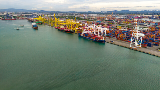 Shipyard Cargo Container Sea Port Freight forwarding service logistics and transportation. International Shipping Depot Custom Port for import export trade Transport Business manufacturing