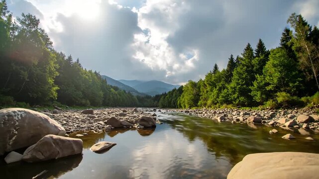 Ukraine carpathians river flowing over rocks through mountain forest landscape forming a serene natural water loop scene