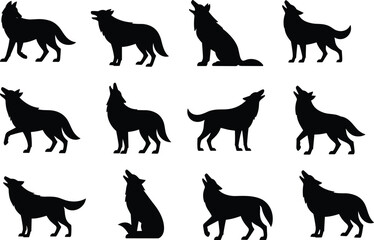 Vector wolf silhouettes set, howling wolf clipart, wild animal poses, black forest wolves, nature predator graphics, wildlife art collection