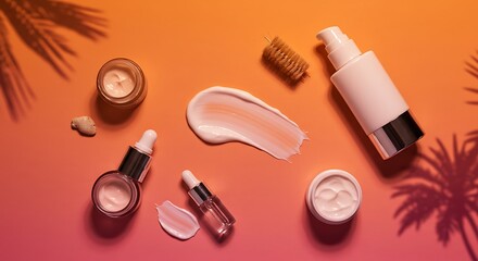 Obraz premium Cosmetic Products and Cream on Sunset Background with Palm Tree Silhouettes