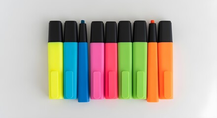 A close-up of a set of colorful, minimalist highlighters arranged neatly on a white surface. Bright, even lighting, emphasizing organization and study tools.