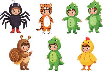 Naklejka premium Cute children wearing animal costumes, funny kids dressed as tiger, dinosaur, chicken, snail, spider, cartoon character vector illustration for festival, party design