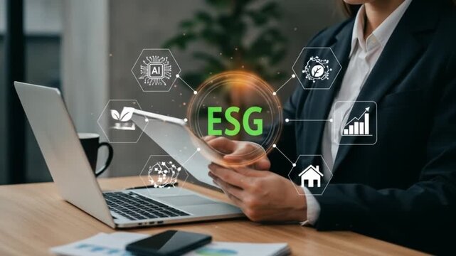Woman in suit using tablet with esg graphic overlay on desk with laptop and coffee mug nearby view - Powered by Adobe