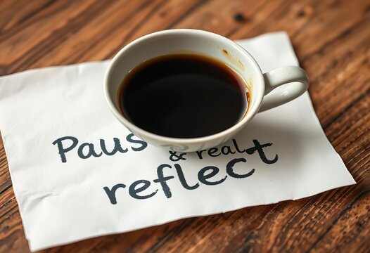 Pause and reflect Coffee break message on paper with a coffee cup, aesthetic, home