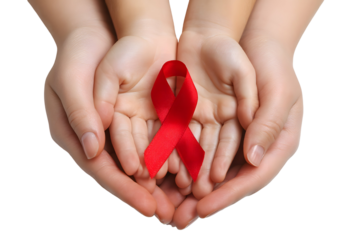 Adult and child hands holding a red ribbon for HIV and AIDS awareness symbolism