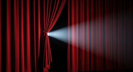 Dramatic red stage curtains open with bright spotlight shining through