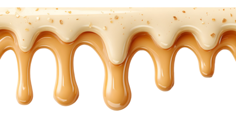 Creamy drips of caramel and vanilla icing with sprinkles against transparent backdrop