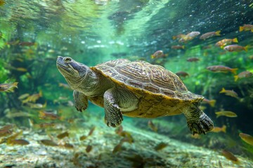 Obraz premium A turtle swims underwater amid fish and foliage viewed from below