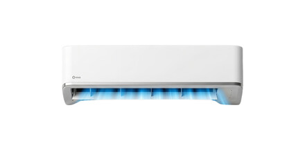 Modern white air conditioner unit with blue airflow on a white background, offering efficient climate control, ideal for homes and offices