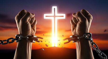 Inspirational image of freedom from bondage with broken chains under the light of faith, hope and resilience, overcoming challenges